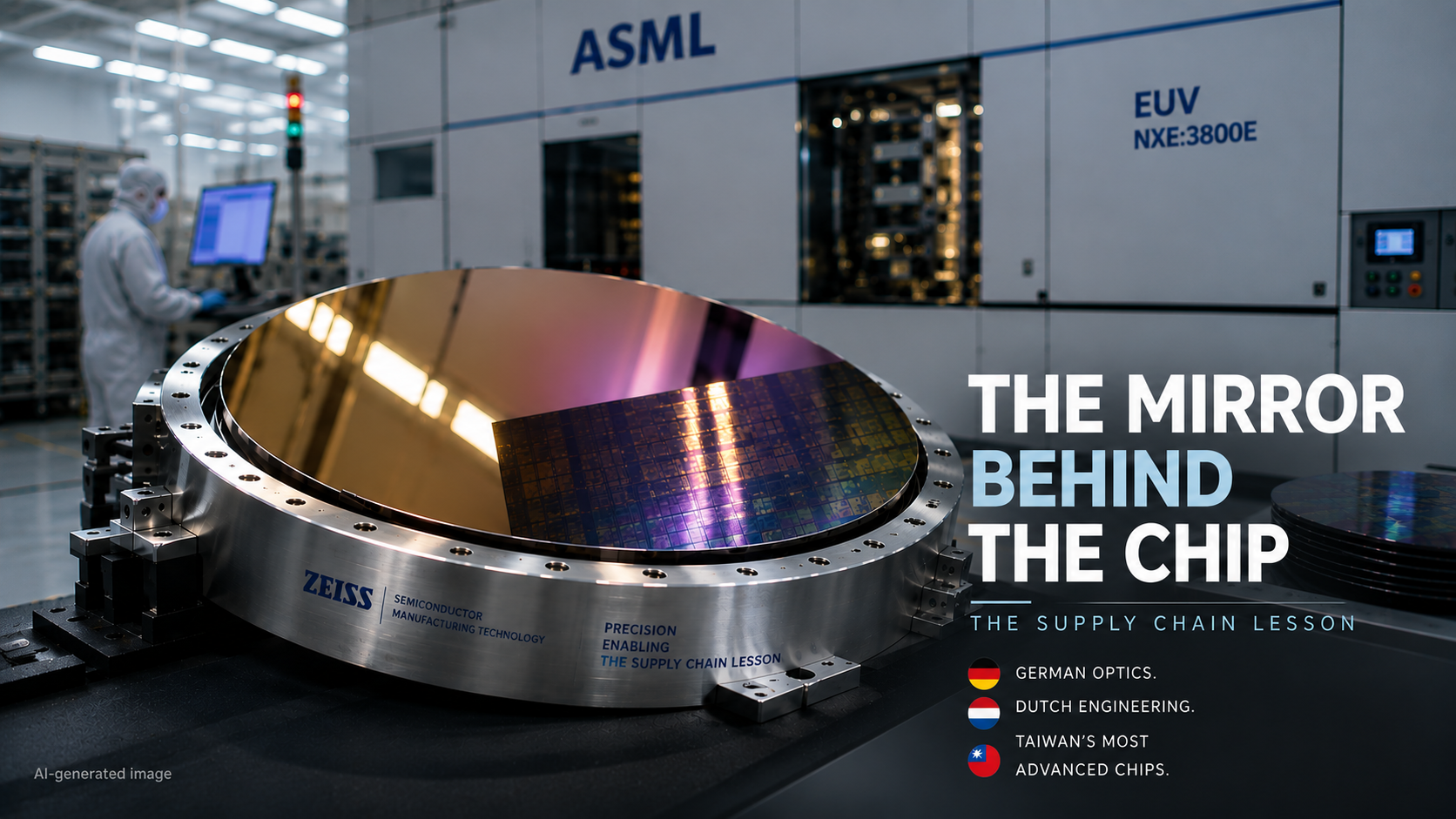 The Mirror Behind the Chip — AI-generated illustration of semiconductor manufacturing equipment